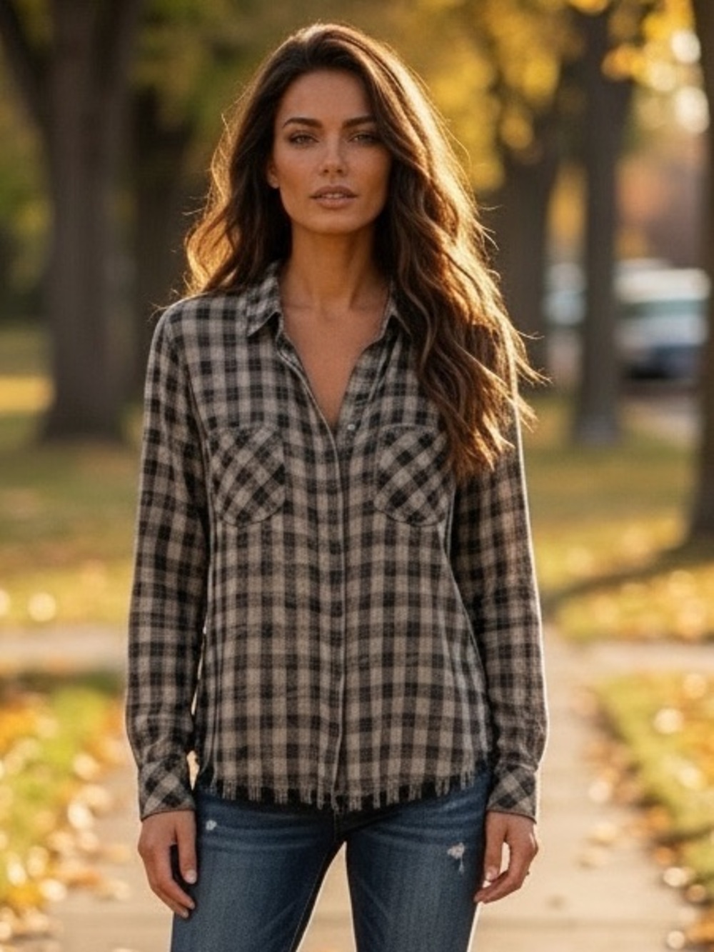 Cloth & Stone Medium Black Gray Plaid Frayed Hem Button Down Shirt